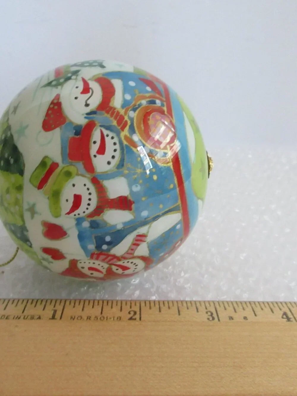 Pier 1 Li Bien Snowmen Glass Christmas Ornament 2009 Reverse Hand Painted